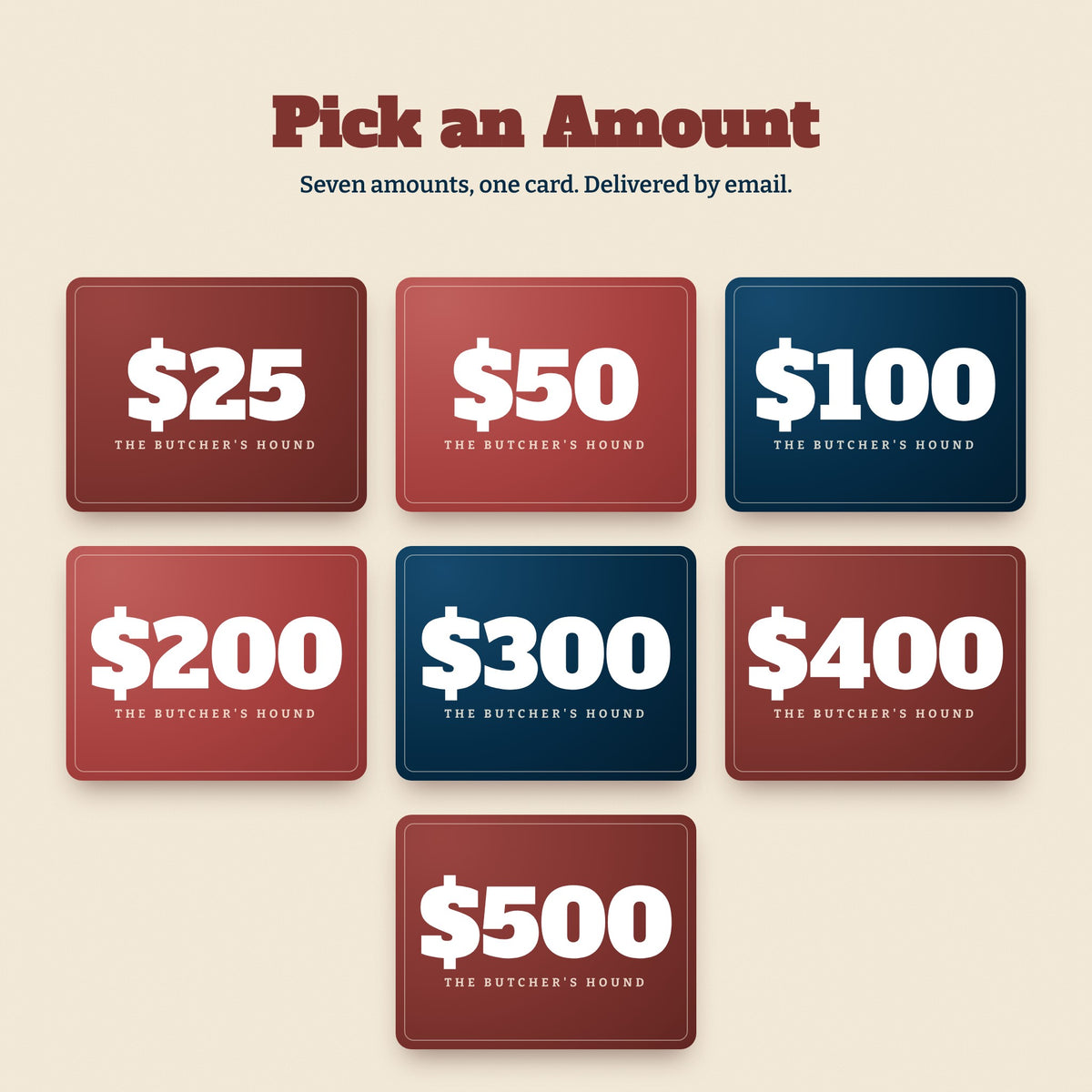 Gift card amounts available: $25, $50, $100, $200, $300, $400 and $500