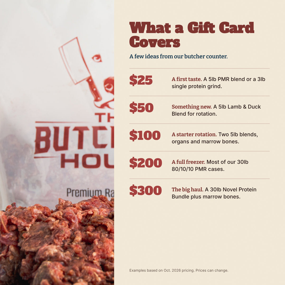 What each gift card amount covers, from a 5lb PMR blend at $25 to a 30lb Novel Protein Bundle at $300