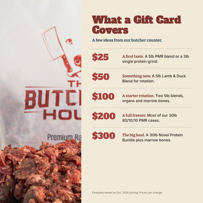 What each gift card amount covers, from a 5lb PMR blend at $25 to a 30lb Novel Protein Bundle at $300
